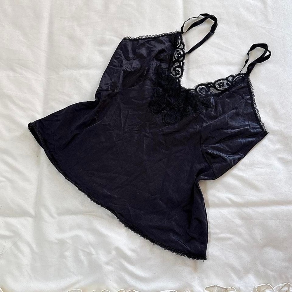 70s black lace trim silky cami top size‎ medium